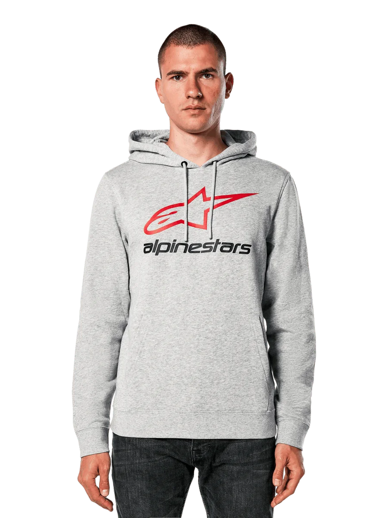 Alpinestars Always V3 Hoodie, Light Grey Heather with Red and Black Star Logo, worn by a model, casual streetwear, drawstring hood, front pouch pocket, motorsport heritage design