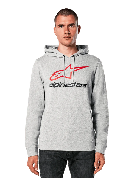 Alpinestars Always V3 Hoodie, Light Grey Heather with Red and Black Star Logo, worn by a model, casual streetwear, drawstring hood, front pouch pocket, motorsport heritage design