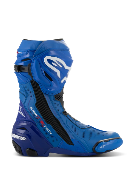Alpinestars Supertech R Vented Boots, Blue and Black Motorcycle Racing Boots, side profile view featuring white logos, extensive perforated ventilation zones, reinforced heel, and replaceable toe slider.