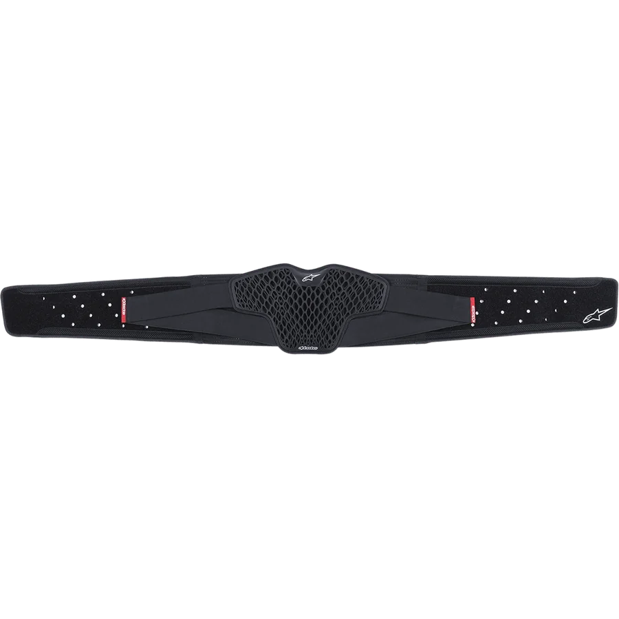 Alpinestars Youth Sequence Kidney Belt, Black, featuring a central honeycomb TPR CELL ventilation panel, perforated elastic straps with red labels and white Alpinestars logos, ergonomic lumbar support for youth motocross riders