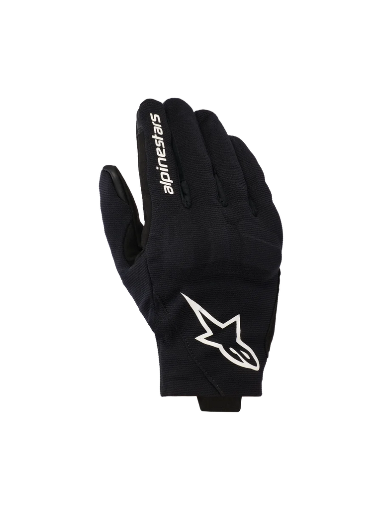 Alpinestars Reef V2 Gloves, Black and White Motorcycle Gloves, featuring a textured stretch fabric top hand with a prominent white star logo and brand lettering on the index finger, short-cuff urban design