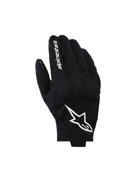 Alpinestars Reef V2 Gloves, Black and White Motorcycle Gloves, featuring a textured stretch fabric top hand with a prominent white star logo and brand lettering on the index finger, short-cuff urban design