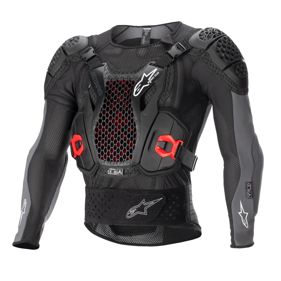 Alpinestars Bionic Plus V2 Protection Jacket, Motocross Body Armor, Black and Anthracite Gray with Red accents, featuring a honeycomb mesh chest protector, padded shoulders and elbows, breathable mesh design for off-road racing