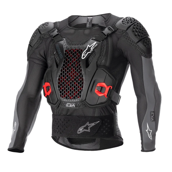 Alpinestars Bionic Plus V2 Protection Jacket, Motocross Body Armor, Black and Anthracite Gray with Red accents, featuring a honeycomb mesh chest protector, padded shoulders and elbows, breathable mesh design for off-road racing