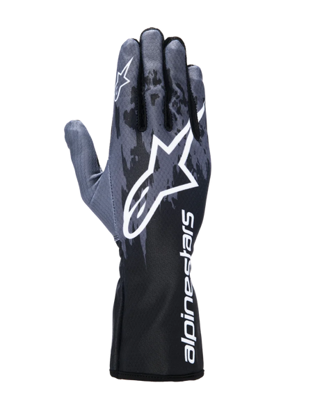 Alpinestars Tech-1 K V3 Gloves, Karting Gloves, Black Anthracite, featuring a large white Astar logo on the back of the hand, dark gray camo-style pattern, and a gauntlet cuff with vertical white Alpinestars branding
