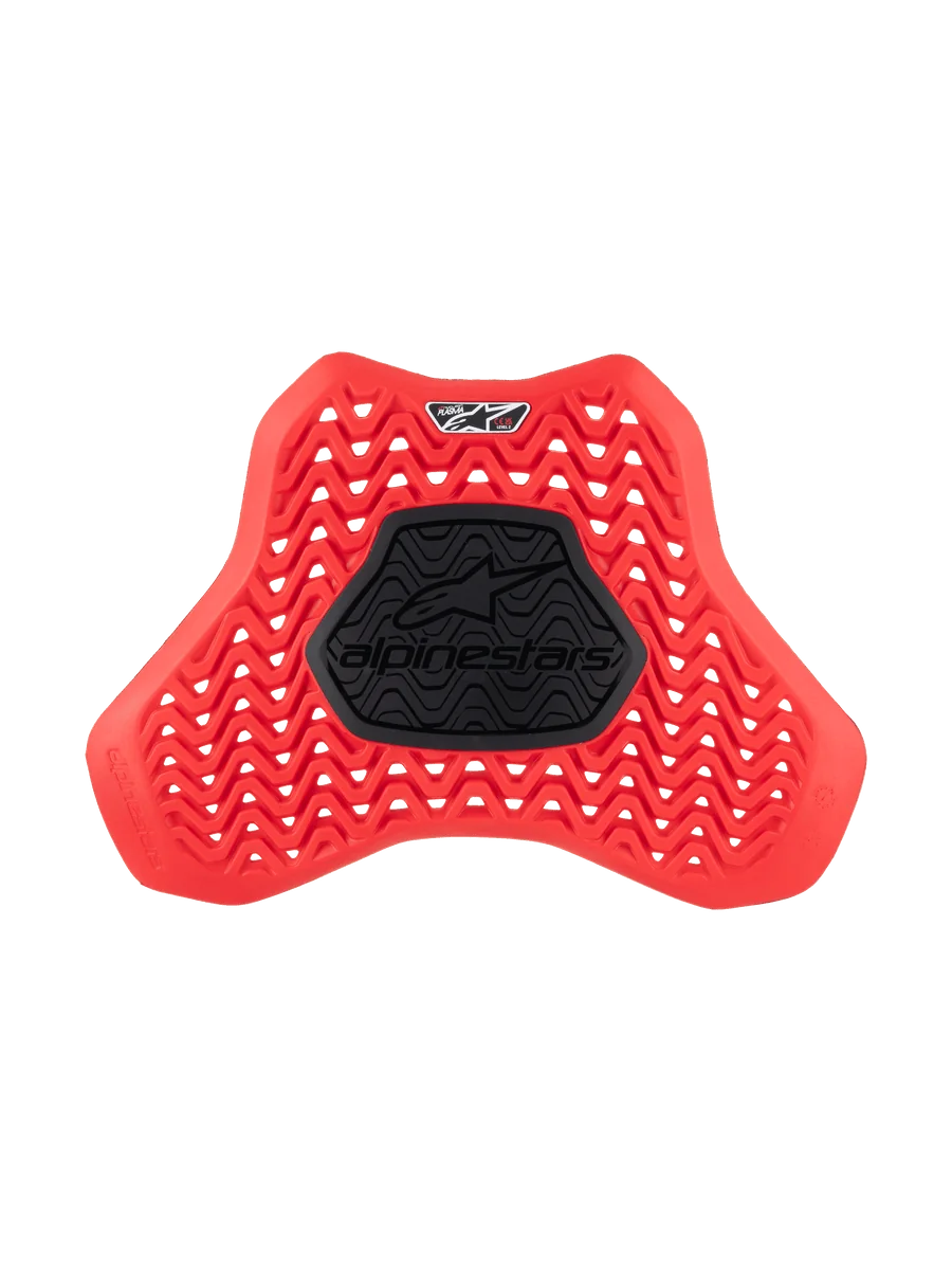 Alpinestars Nucleon Plasma Full Chest Protector Insert, Motorcycle Chest Protector, Red and Black, featuring a wavy ventilated pattern for airflow, central black semi-rigid zone with Alpinestars logo, ergonomic shield design for impact protection