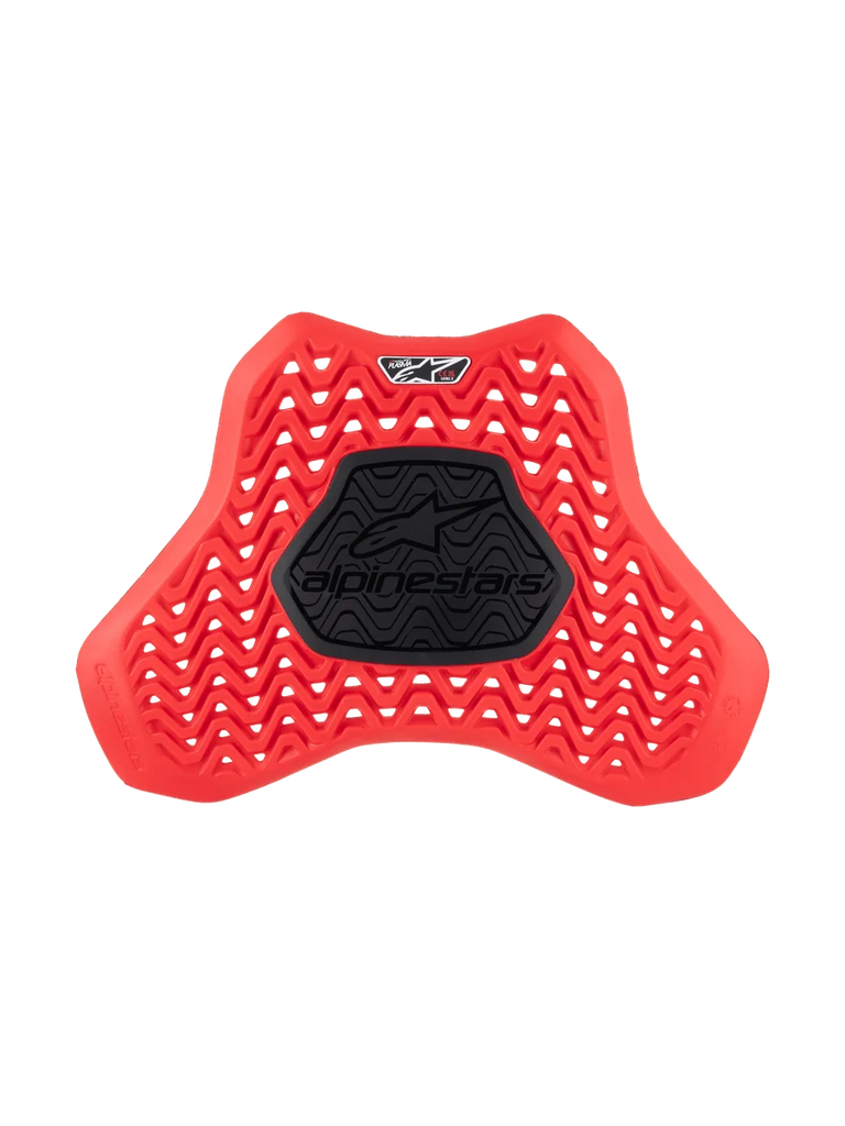 Alpinestars Nucleon Plasma Full Chest Protector Insert, Motorcycle Chest Protector, Red and Black, featuring a wavy ventilated pattern for airflow, central black semi-rigid zone with Alpinestars logo, ergonomic shield design for impact protection
