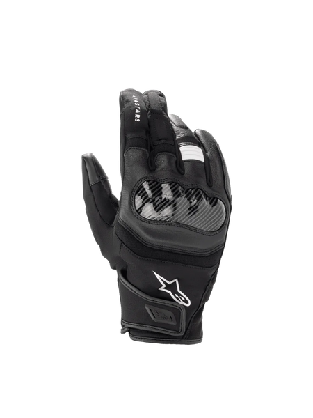 Alpinestars SMX Z Drystar Gloves, waterproof black leather motorcycle gloves with a hard knuckle protector and short cuff.