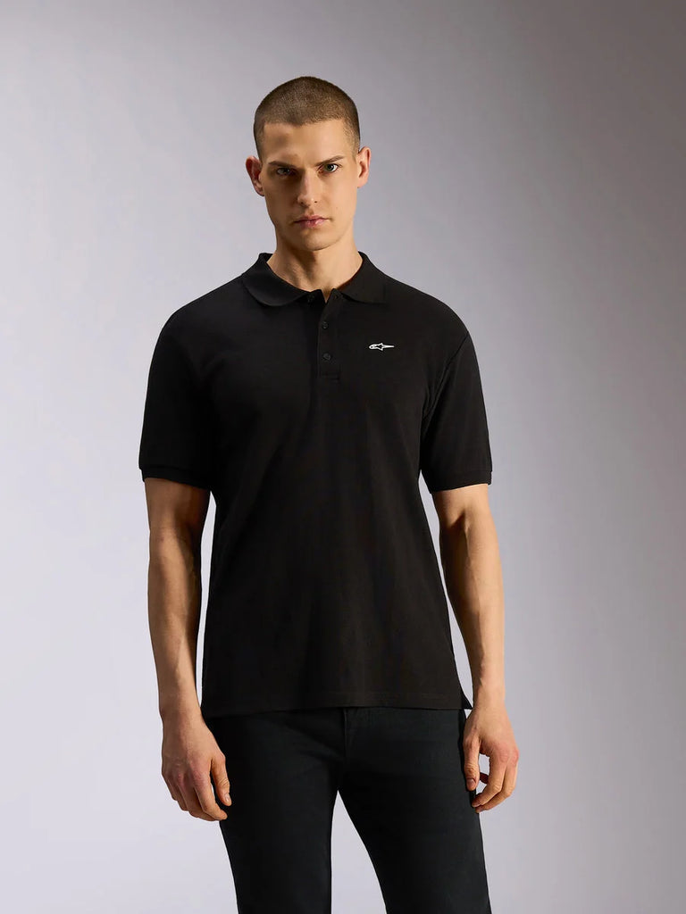 Alpinestars Endeavor Classic Polo, Black Sportswear Polo, short sleeves with small white Astars logo on the chest, three-button placket, classic pique knit, casual motorsport-inspired style