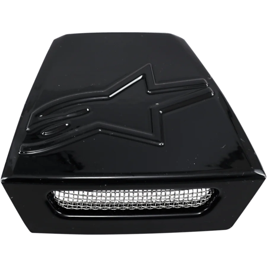 Alpinestars Supertech M10/M8 Helmet Rear Vent Frame, Helmet Accessory, Black Glossy, embossed star logo on the top surface, silver wire mesh grille insert, trapezoidal ventilation component for off-road helmets