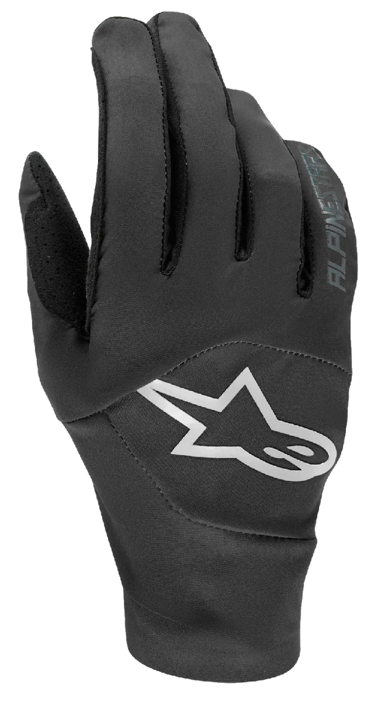 Alpinestars Drop 4.0 Gloves, Mountain Bike Gloves, Black, featuring a large white star logo on the backhand, breathable stretch mesh construction, and sleek ergonomic design for enduro riding