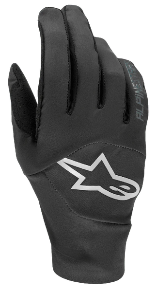 Alpinestars Drop 4.0 Gloves, Mountain Bike Gloves, Black, featuring a large white star logo on the backhand, breathable stretch mesh construction, and sleek ergonomic design for enduro riding