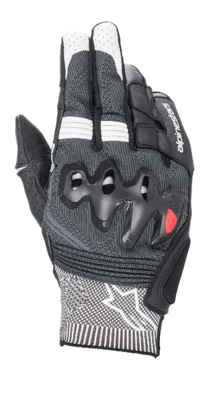Alpinestars Morph Sport Gloves, Motorcycle Riding Gloves, Black and White, featuring gray MorphTech Weave backhand, over-injected knuckle protection, RIDEKNIT inserts, and white star logo on the cuff