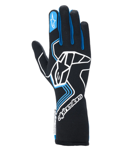 Alpinestars Tech-1 Race V4 Gloves, Auto Racing Gloves, Black with Blue and White accents, featuring a large white logo on the backhand, blue finger piping, and extended gauntlet cuff, professional flame-resistant design for motorsport