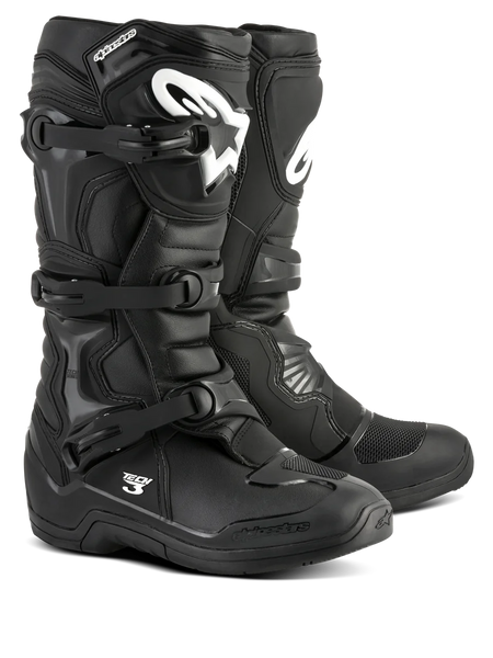 Alpinestars Tech 3 Boots, Black Motocross Boots, Off-road performance footwear, triple buckle closure system, TPU reinforced shin plate with white logo branding, durable high-grip sole, lightweight microfiber construction