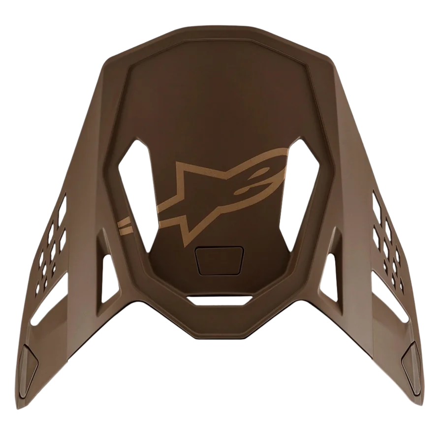 Alpinestars Supertech M10 Squad 23 LE Visor, Motocross Helmet Replacement Peak, Dark Brown and Kangaroo Gold, featuring a central gold Alpinestars logo and aerodynamic ventilation cutouts