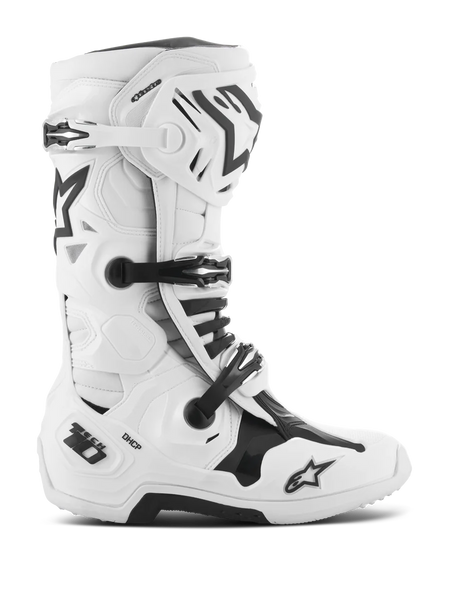 Alpinestars Tech 10 Boots, Motocross Racing Boots, White and Black, triple buckle closure system, reinforced TPU shell with 'Tech 10' and 'DHCP' branding, thick rugged sole, CE certified protective footwear for off-road racing
