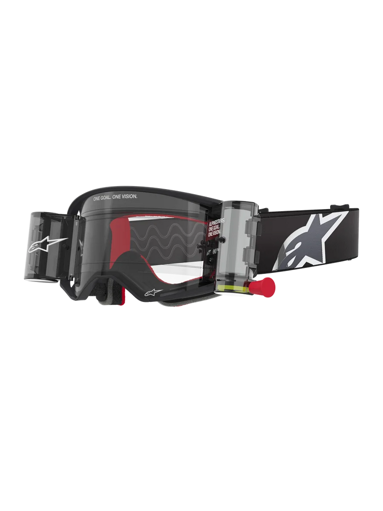 Alpinestars Supertech Corp Goggles Roll Off, Black frame with Clear lens, featuring a Wide Vision Roll-Off system and red pull tab, black strap with a large grey and white Alpinestars logo, technical motocross eyewear with "One Goal. One Vision." branding.