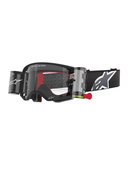 Alpinestars Supertech Corp Goggles Roll Off, Black frame with Clear lens, featuring a Wide Vision Roll-Off system and red pull tab, black strap with a large grey and white Alpinestars logo, technical motocross eyewear with "One Goal. One Vision." branding.