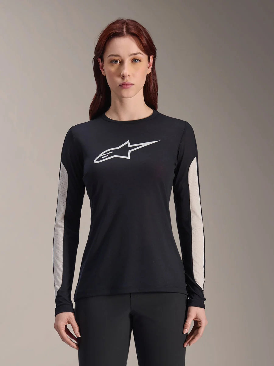 Alpinestars Women Stella A-Dura Dri Astar Jersey, Long Sleeve Mountain Bike Jersey, Black with white logo and light gray mesh panels on sleeves, performance cycling wear for women