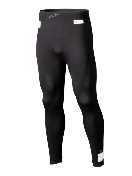 Alpinestars ZX Evo V3 Bottom, Black Motorsport Base Layer Leggings, Flame-resistant racing underwear, full-length design with white FIA and SFI certification labels, elastic waistband with grey Astars logo, sleek tapered fit