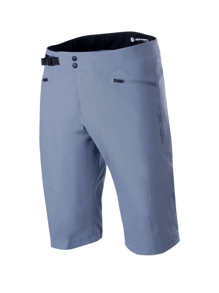 Alpinestars A-Dura Shorts, Mountain Bike Shorts, Infinity Blue, featuring double snap front closure, adjustable black side cinch buckle, zippered pockets, and textured 2-way stretch fabric, technical MTB apparel