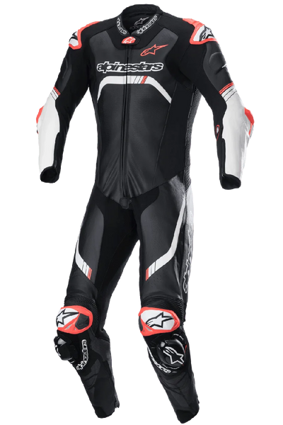 Alpinestars GP Tech V4 Leather Suit, Professional One-Piece Motorcycle Racing Suit, Black with White and Fluorescent Red accents, featuring aerodynamic back hump, knee sliders, and MATRYX ventilation panels, designed for high-performance track use