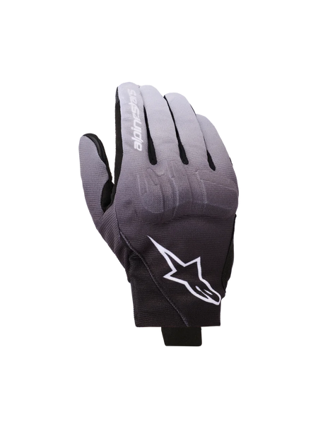Alpinestars Reef V2 Gloves, Motorcycle Gloves, Mid Gray and Black gradient, White Star Logo and brand name on index finger, short cuff urban design with TPU knuckle protection and stretch textile