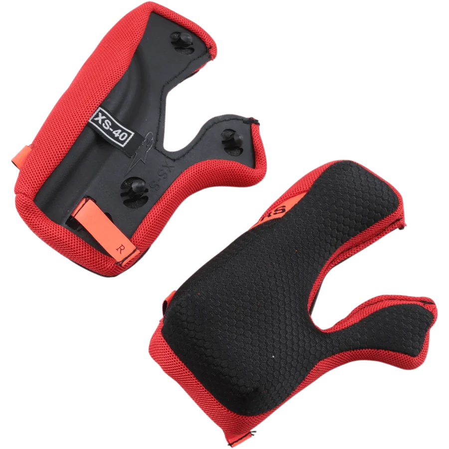 Alpinestars Supertech M10/M8 Cheek Pads +5mm, Motorcycle Helmet Replacement Padding, Red and Black, featuring a honeycomb textured interior surface and black backing with orange emergency pull tabs, XS-40 size marking