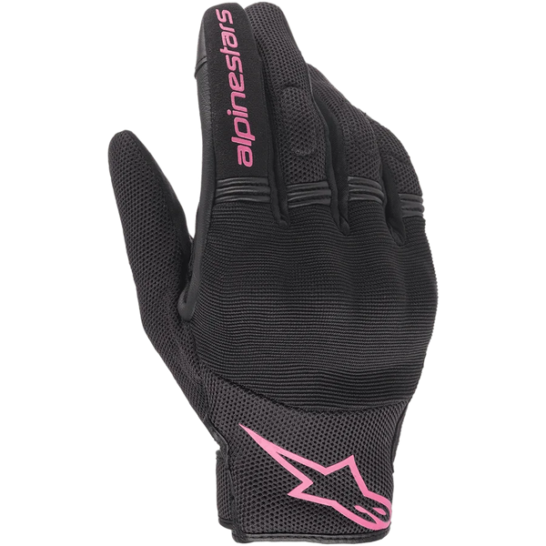 Alpinestars Stella Copper Women's Gloves, Urban Motorcycle Gloves, Black and Fuchsia, featuring breathable mesh textile with covered hard knuckle protection, pink Alpinestars branding on the index finger and cuff