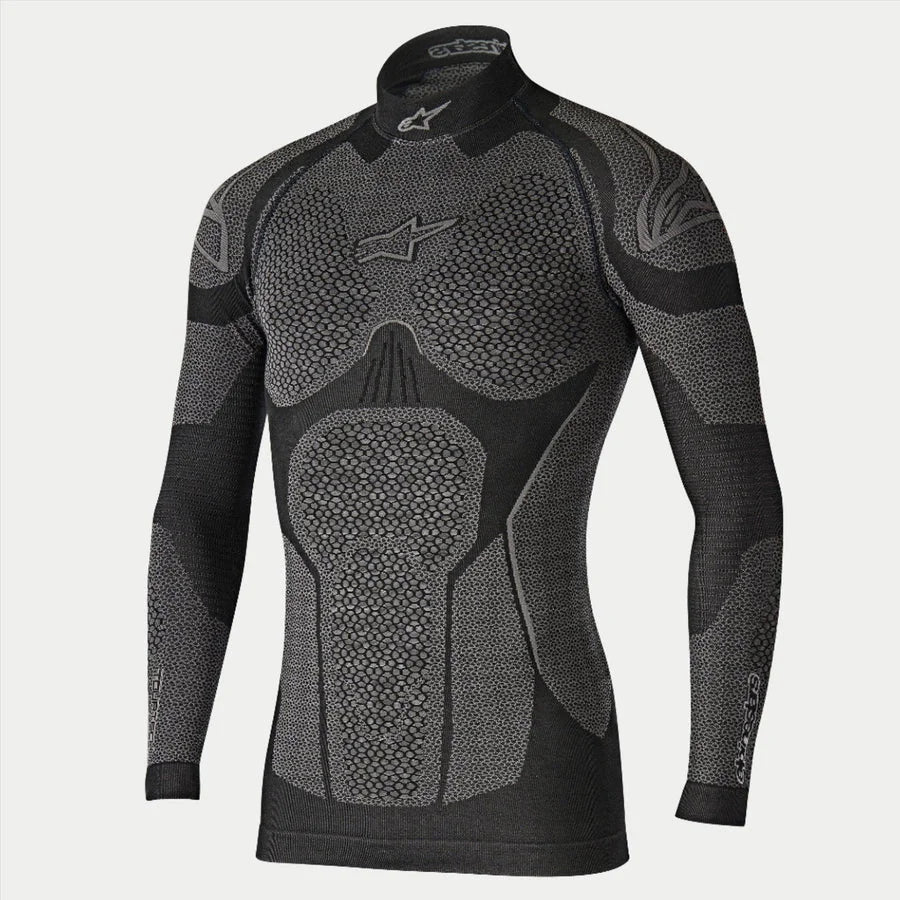 Alpinestars Ride Tech Top Long Sleeve Winter, Motorcycle Base Layer, Black and Gray, technical long-sleeve top with dual-density honeycomb textured panels, compression fit, mock neck with white Alpinestars logo, performance thermal underwear for cold weather