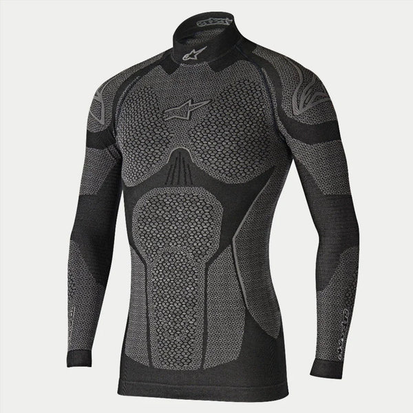 Alpinestars Ride Tech Top Long Sleeve Winter, Motorcycle Base Layer, Black and Gray, technical long-sleeve top with dual-density honeycomb textured panels, compression fit, mock neck with white Alpinestars logo, performance thermal underwear for cold weather