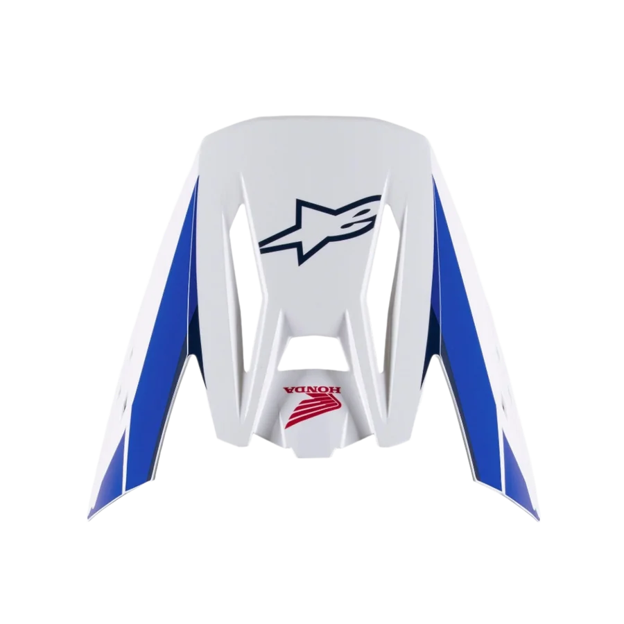 Alpinestars Honda S-M5 Visor, Replacement Helmet Visor, White Blue and Red Glossy finish, featuring blue side panels with navy Alpinestars and red Honda logos, motocross helmet accessory