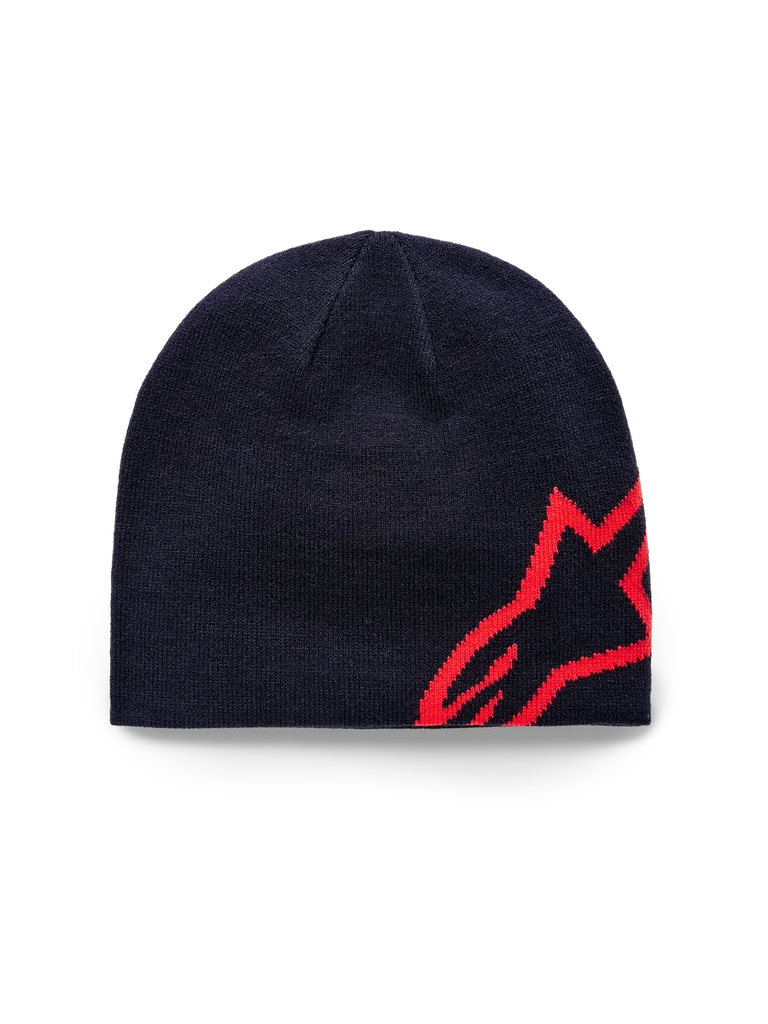 Alpinestars Corp Shift Beanie, Knit Beanie, Navy Blue and Bright Red, featuring a large red jacquard star logo on the side, sweater knit jersey stitch construction, casual sportswear accessory