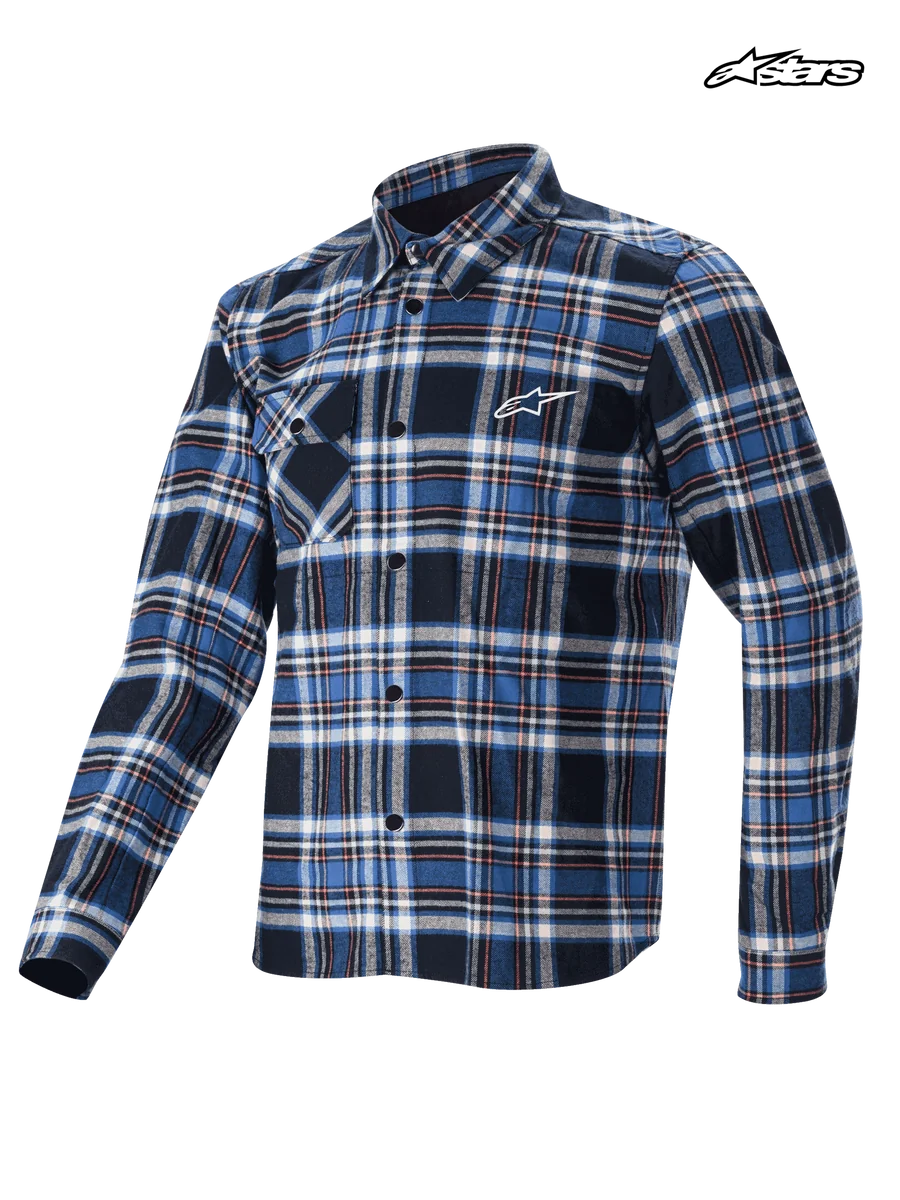 Alpinestars Whistler Wind Block Plaid Shirt, mountain bike cycling shirt, blue and black plaid pattern, long sleeve wind-resistant design with front button closure and chest pocket