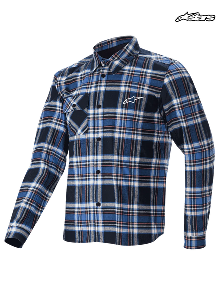 Alpinestars Whistler Wind Block Plaid Shirt, mountain bike cycling shirt, blue and black plaid pattern, long sleeve wind-resistant design with front button closure and chest pocket