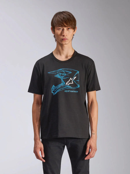 Alpinestars CSF Tee, Short Sleeve T-Shirt, Black, Blue Motocross Helmet Graphic featuring white Astars logo, casual motorsport-inspired streetwear worn by model