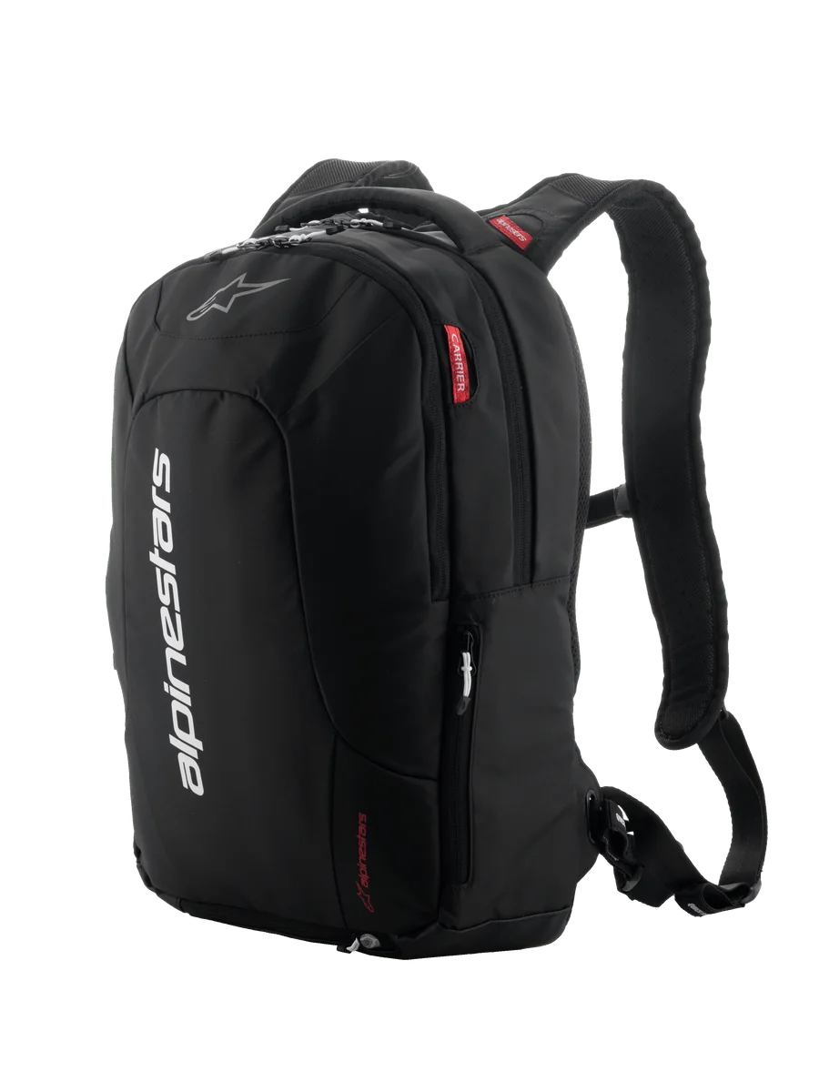 Alpinestars City Hunter V2 Backpack, Black with White and Red accents, Urban motorcycle backpack, Featuring padded mesh shoulder straps, multiple zippered compartments, vertical white branding, and red logo details, ergonomic design for riders