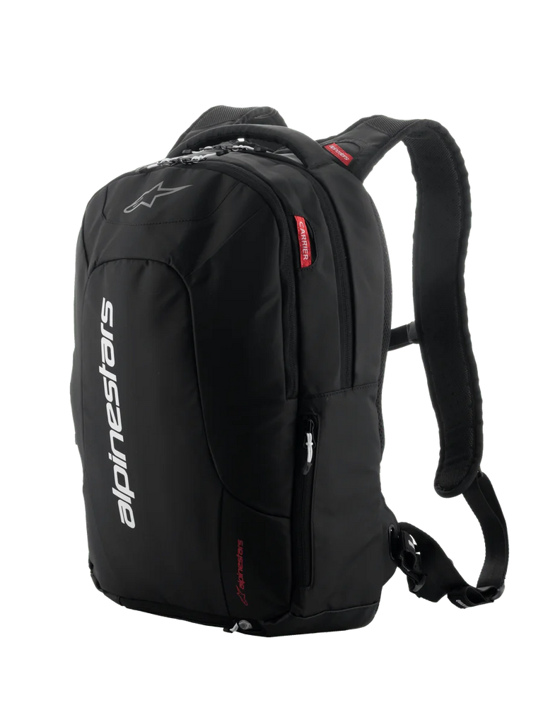 Alpinestars City Hunter V2 Backpack, Black with White and Red accents, Urban motorcycle backpack, Featuring padded mesh shoulder straps, multiple zippered compartments, vertical white branding, and red logo details, ergonomic design for riders