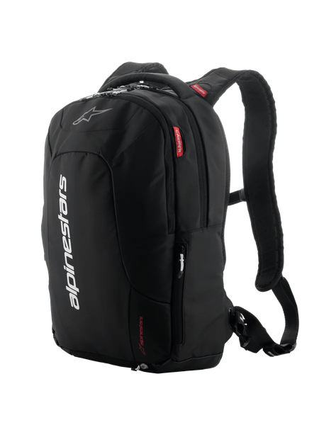 Alpinestars City Hunter V2 Backpack, Black with White and Red accents, Urban motorcycle backpack, Featuring padded mesh shoulder straps, multiple zippered compartments, vertical white branding, and red logo details, ergonomic design for riders