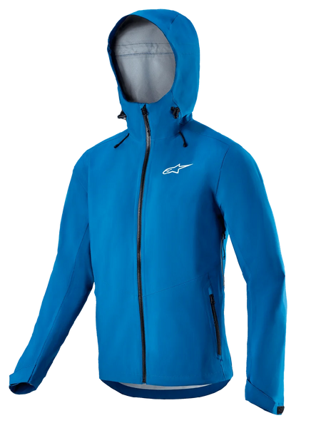 Alpinestars Sierra Waterproof Jacket, Men's Blue MTB cycling jacket with helmet-compatible storm hood and waterproof zippers.