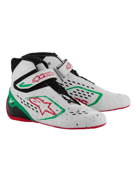 Alpinestars Tech-1 KX V3 Karting Shoes, White Green and Red, featuring a seamless thermo-welded upper with laser-cut perforations, asymmetric lacing, velcro strap with red branding, and a thin red rubber sole