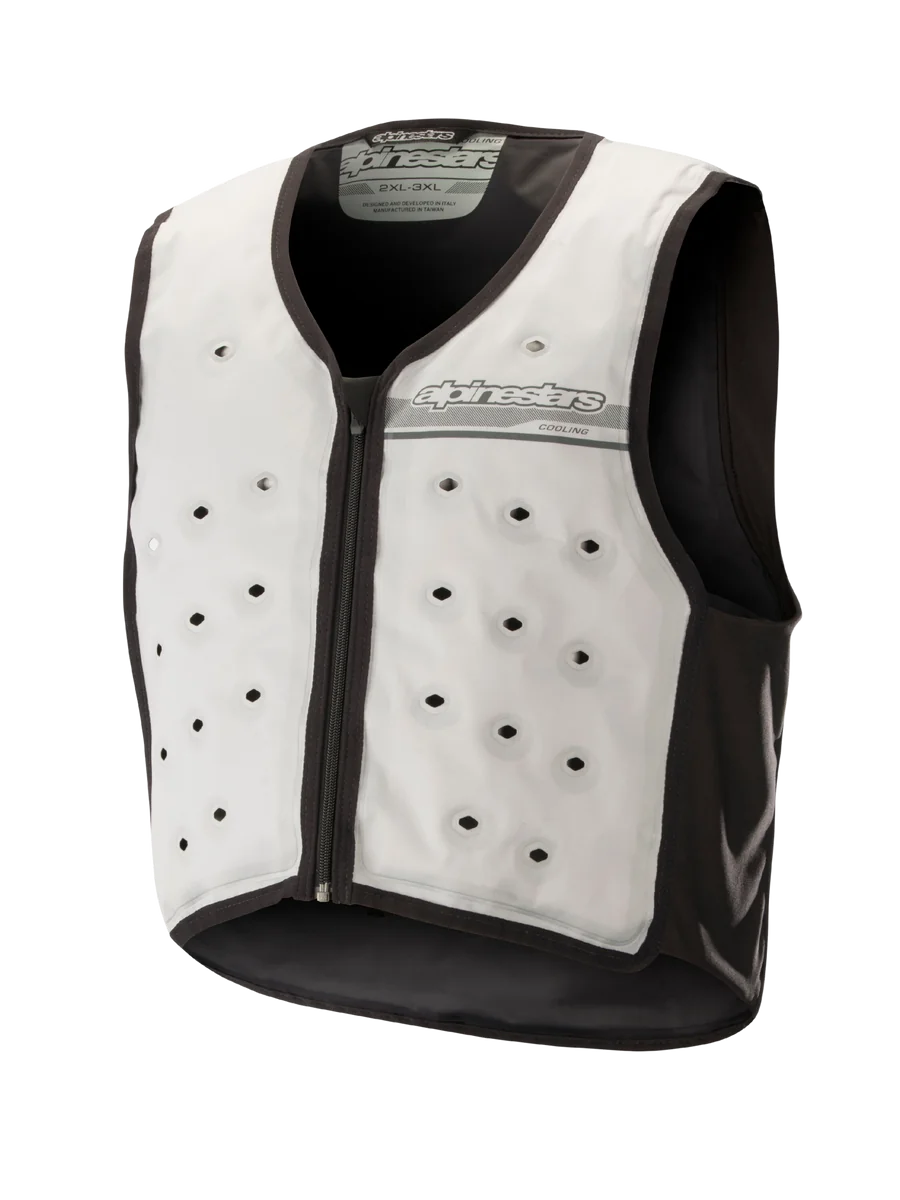 Alpinestars Cooling Vest, Light Gray and Dark Gray, sleeveless motorcycle base layer featuring circular ventilation ports, front zipper, and moisture-wicking textile construction for hot-weather riding