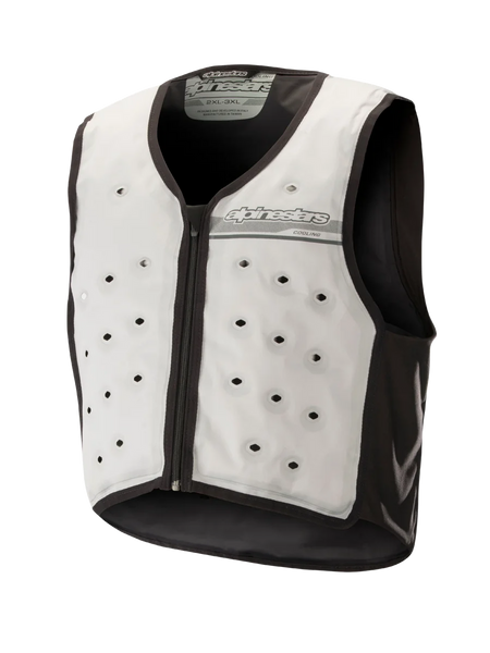 Alpinestars Cooling Vest, Light Gray and Dark Gray, sleeveless motorcycle base layer featuring circular ventilation ports, front zipper, and moisture-wicking textile construction for hot-weather riding