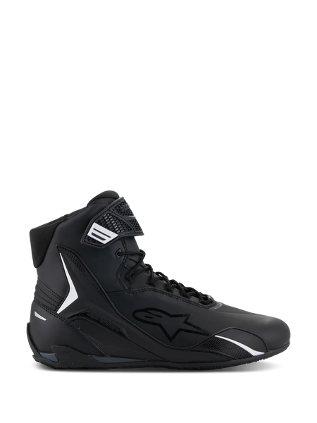 Alpinestars Faster-4 Shoes, Black High-Top Motorcycle Riding Shoe, Side Profile, Black with White Accents, Lace-Up with Hook-and-Loop Strap, Sporty Design with Padded Collar and TPU Protection