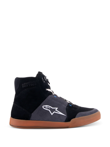 Alpinestars Chrome Shoes, high-top motorcycle riding sneakers, black and asphalt gray suede upper, gum brown sole, white star logo on the side, white laces, casual urban style with integrated protective features