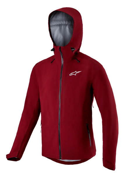 Alpinestars Sierra Waterproof Jacket, Men's MTB gear in Barolo Red, featuring a storm hood and zippered pockets.