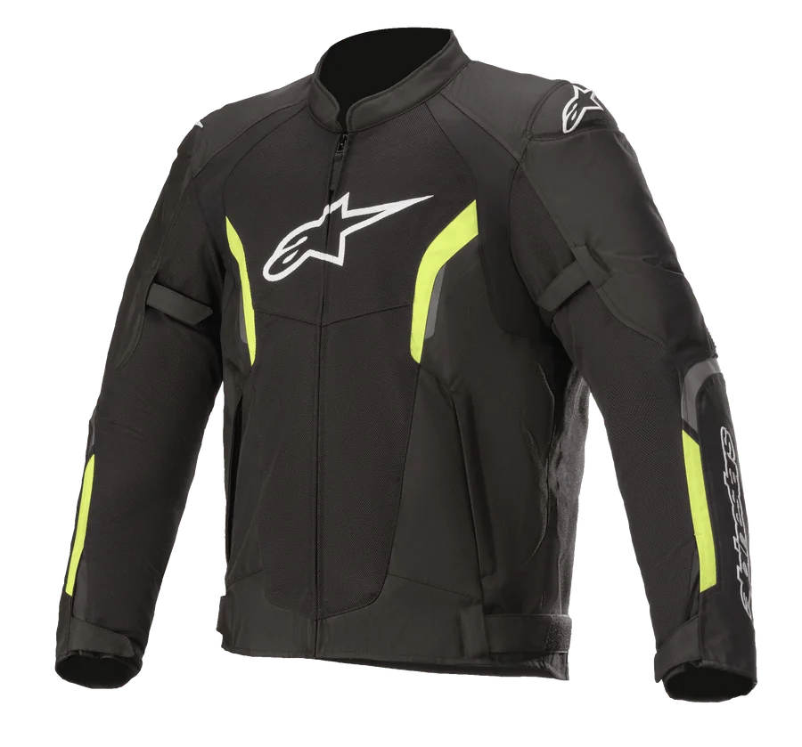 Alpinestars AST V2 Air Jacket, Motorcycle Mesh Jacket, Black and Yellow Fluo, white Astars logo on chest, large mesh panels for ventilation, fluorescent yellow accents on sleeves and chest, and adjustable arm straps for a sporty protective fit