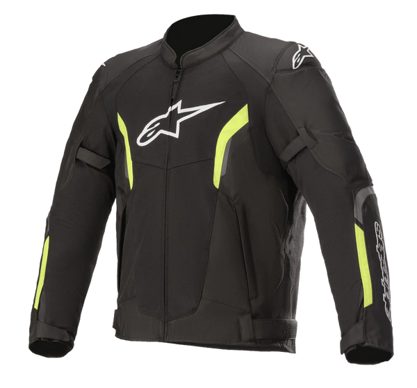 Alpinestars AST V2 Air Jacket, Motorcycle Mesh Jacket, Black and Yellow Fluo, white Astars logo on chest, large mesh panels for ventilation, fluorescent yellow accents on sleeves and chest, and adjustable arm straps for a sporty protective fit