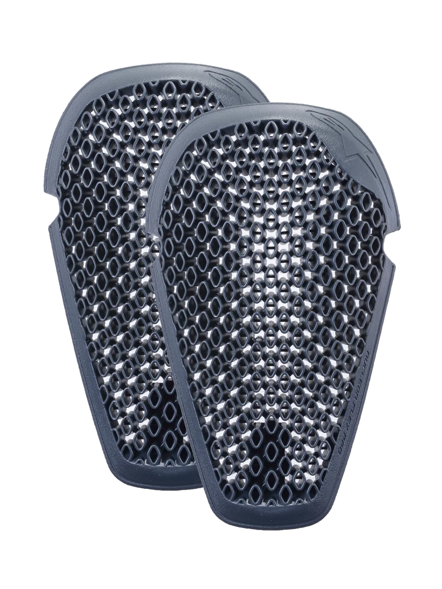 Alpinestars Nucleon Flex Pro Knee Protectors, Anthracite gray, pair of ergonomic motorcycle armor inserts featuring a ventilated honeycomb open-cell structure for airflow and lightweight impact protection